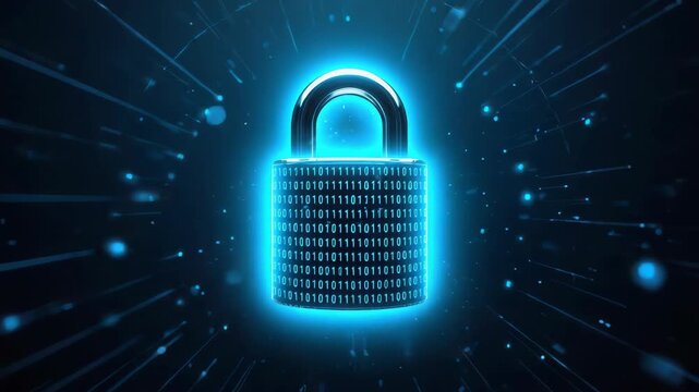 Glowing digital padlock with binary code and radiant blue cybersecurity lock encryption badge