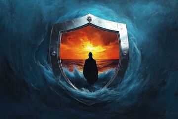 Silhouette of a lone figure standing in the sea at sunset framed by a metallic shield amid swirling blue waves, evoking solitude, protection and contemplative resilience