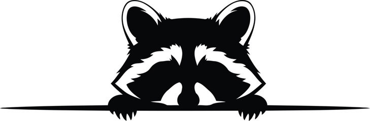 Cute peeking raccoon head with paws over horizontal line © SEMA