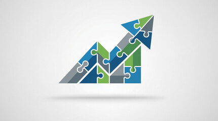 Business Growth Strategy, colorful jigsaw puzzle pieces forming an upward arrow graph, symbolizing professional planning and data success.