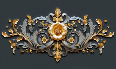 gilded gold and silver floral ornamental relief with central blooming flower, swirling acanthus leaves and small blossoms on a dark background, elegant and luxurious
