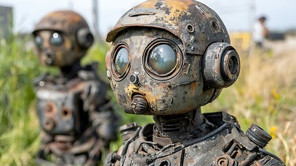 Detailed close-up of a weathered rusty robot sculpture with large glass eyes and peeling paint, standing outdoors in a grassy field.