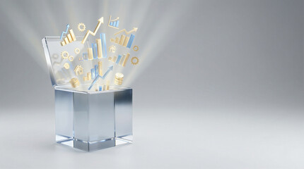 Professional Business Strategy, Financial Growth Planning, Data Graphs, and Insights Radiating from an Open Clear Box
