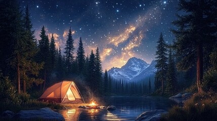 Warm tent and crackling campfire beside a reflective mountain lake under a star-filled sky and milky way, pine forest framing a peaceful, awe-filled night