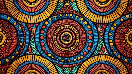 intricate colorful concentric circular pattern of ornate mandala-like motifs with radial lines, dots and textured relief evoking a festive energetic rhythm