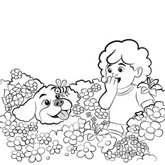 Spring Time - Black and White Coloring Page of Little Girl and Dog Discovering a Bee