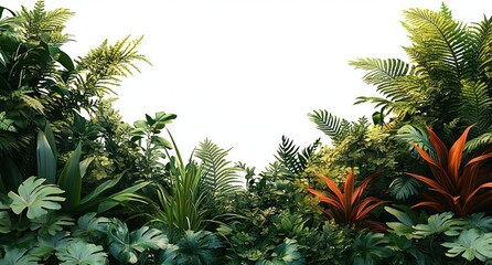 lush tropical foliage frame of ferns, broad green leaves and red-orange accent plants creating a peaceful, refreshing and vibrant botanical scene