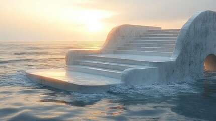 white sculptural stepped platform with arch emerging from calm ocean at sunrise, wet reflective steps and golden light evoking serene tranquil mood