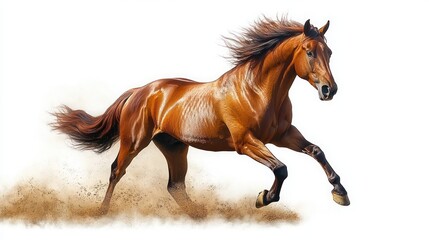 Chestnut horse galloping through dust with flowing mane and tail, muscular body and hooves kicking up grit, a dynamic display of freedom and power