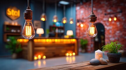 Cozy modern workspace with warm lighting and plants