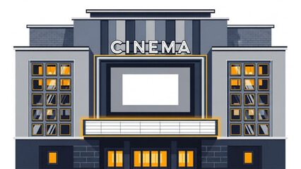Naklejka premium Cinema building exterior at night with illuminated windows and marquee sign