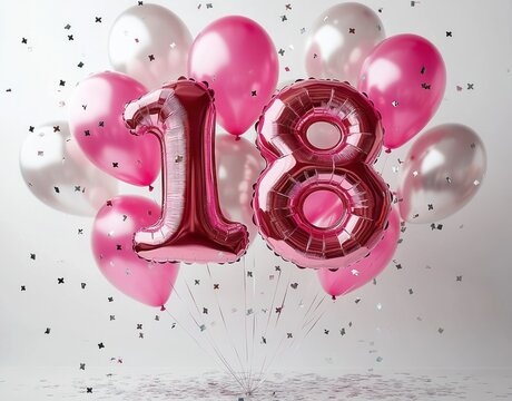 pink and silver latex balloons with large metallic number eighteen foil balloons and scattered confetti celebrating a joyful festive milestone