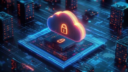 Glowing secure cloud with illuminated lock over microchip on neon circuit board surrounded by server racks, futuristic digital protection and trust