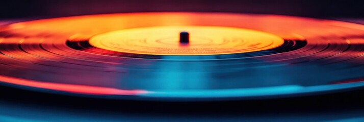 Close-up of a spinning vinyl record on a turntable with visible grooves and center label, warm orange and cool blue reflections creating a nostalgic vibrant mood