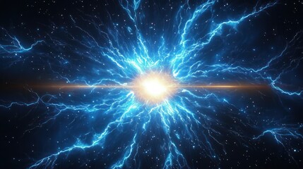 blinding central energy burst with blue electrical arcs radiating across a starry space background, glowing core and horizontal flare conveying intense explosive power and awe