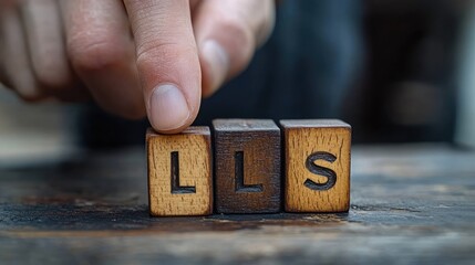 close-up of a fingertip pressing three wooden letter blocks reading L L S on a rustic table, intimate tactile moment conveying focus and thoughtful decision