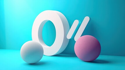 minimalist 3d composition with a large white hollow ring, two slanted white bars and textured white and pink spheres on a cyan background, playful and calm mood