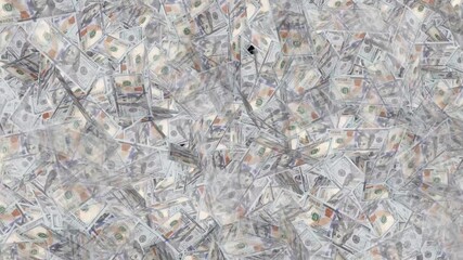 Money rain animation on black background. One hundred dollar banknotes falling down. It's like money falling from the sky. Dollar notes flying free motion. Close up money falling from the dark sky.