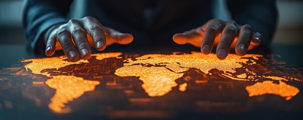two hands hovering over a glowing orange digital world map on a dark surface, evoking focused strategic control and intensity
