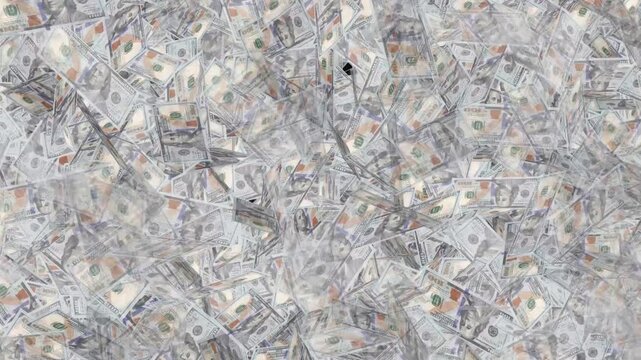Money rain animation on black background. One hundred dollar banknotes falling down. It's like money falling from the sky. Dollar notes flying free motion. Close up money falling from the dark sky.