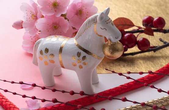 Japanese New Year (Oshogatsu) Horse Zodiac Eto Decorations with Sakura and Gold Accents