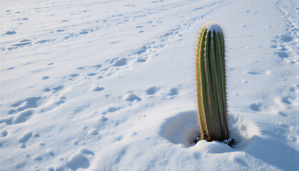 Cactus growing through snow in winter landscape with copy space, Unusual concept