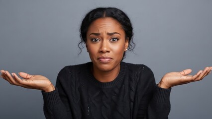 Expressive portrait of a questioning woman illustrating confusion, arms raised in shoulder shrug