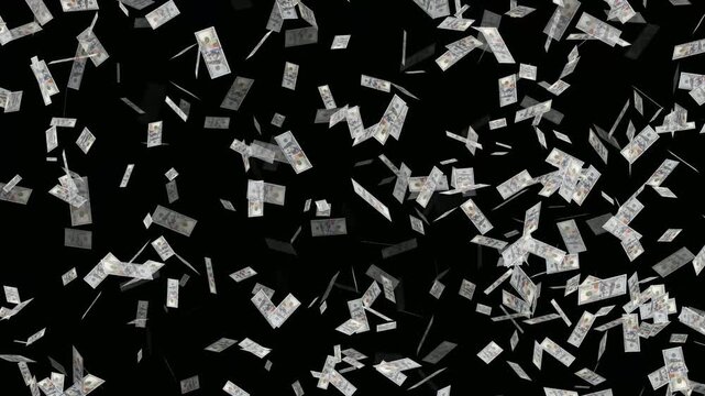 Money rain animation on black background. One hundred dollar banknotes falling down. It's like money falling from the sky. Dollar notes flying free motion. Close up money falling from the dark sky.