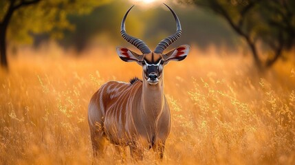Majestic antelope with long spiraled horns standing in golden grassland at sunset, calm vigilant gaze and warm backlit glow