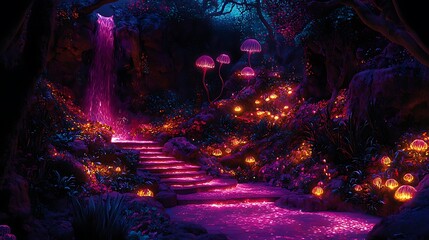 Enchanted fantasy forest with glowing purple waterfall, luminous path, illuminated steps, and magical mushrooms creating an otherworldly scene.