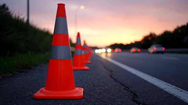A row of orange traffic cones line the roadside at dusk, with car headlights and a sunset sky in the background. Reflective grey stripes enhance safety.