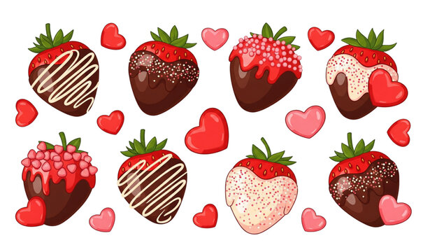Festive chocolate dipped strawberry vector set with heart candy isolated on white background