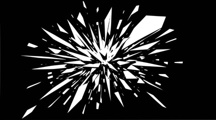 A dynamic abstract image featuring a burst of sharp white fragments exploding outwards from a central point on a stark black background, creating a shattered effect.