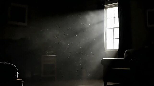 Cinematic Sunlight Beams Streaming Through Window Illuminating Floating Dust Particles in Dark Abandoned Room
