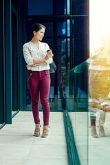 Coffee, thinking and happy woman on business balcony with reflection, confidence or relax in urban real estate. Drink, office idea and realtor with inspiration, opportunity or property agency in city