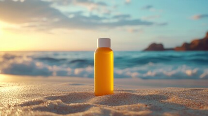 orange sunscreen bottle standing upright in soft sand on a beach at sunset, gentle ocean waves and distant rocky coastline under a warm glowing sky, calm tranquil mood