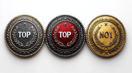 Three ornate circular medals with laurel wreaths, beaded borders and embossed text on a white background, gold and two dark silver medallions with red center, evoking triumph and achievement