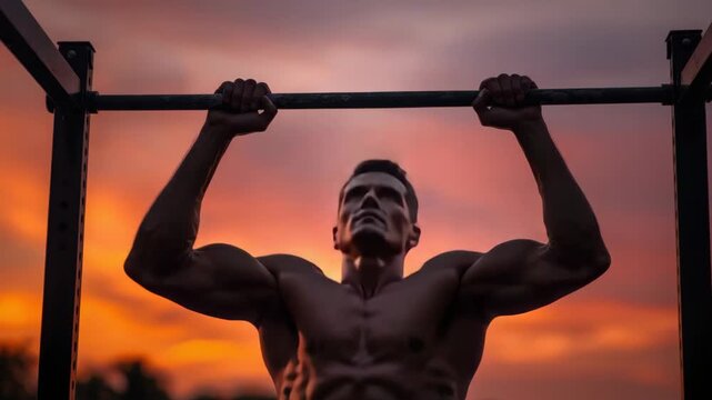 Muscular man pullup bar sunset silhouette determined expression outdoor dramatic workout