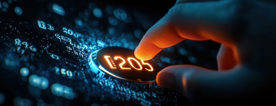 Close-up of a fingertip pressing a glowing digital coin displaying two hundred five on a lit circuit board, neon blue and orange tones, evoking futuristic curiosity and anticipation - Powered by Adobe