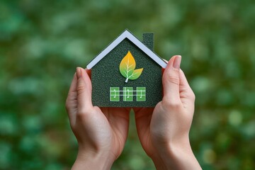 hands gently holding a small textured green house model with leaf emblem and three small square panels, conveying care, protection and eco-friendly sustainability