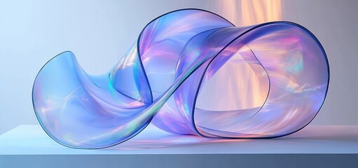Iridescent translucent ribbon sculpture with flowing loops on a white pedestal, serene futuristic pastel glow