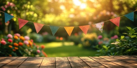 wooden table foreground with colorful polka dot bunting strung above a sunlit garden of blooming flowers and green foliage, warm golden glow and cheerful festive atmosphere