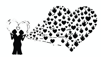 Two people sharing passionate love and affection, represented by a burst of fiery hearts.