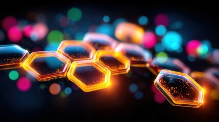 Glowing hexagonal chain in vibrant neon lights against colorful bokeh background