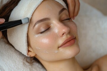 relaxed person receiving a soothing facial treatment on a spa bed with a brush and towel headband, calm and serene self care moment