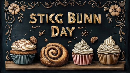 Whimsical vintage chalkboard sign with ornate floral border featuring a cinnamon roll and three frosted cupcakes on a wooden shelf, inviting and cozy