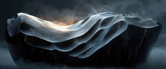 dark sculpted stone with translucent layered fabric-like waves and a warm inner glow, surrounded by drifting mist, evoking mystery and calm