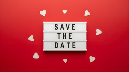 Save the Date announcement surrounded by hearts on a red background