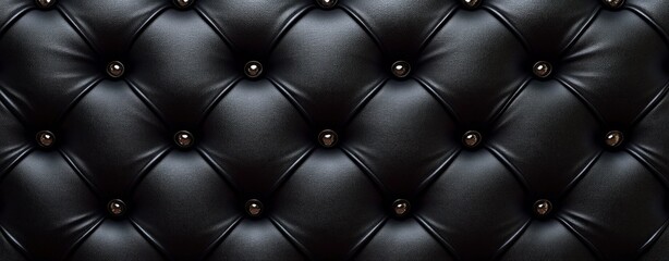 Close-up of black tufted leather upholstery with glossy button studs and diamond quilted pattern, evoking a luxurious, elegant and sophisticated mood
