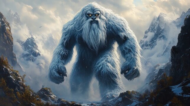 massive fur-covered ape-like creature with glowing eyes striding through foggy snowbound mountain peaks, radiating menace, cold and awe-inspiring power